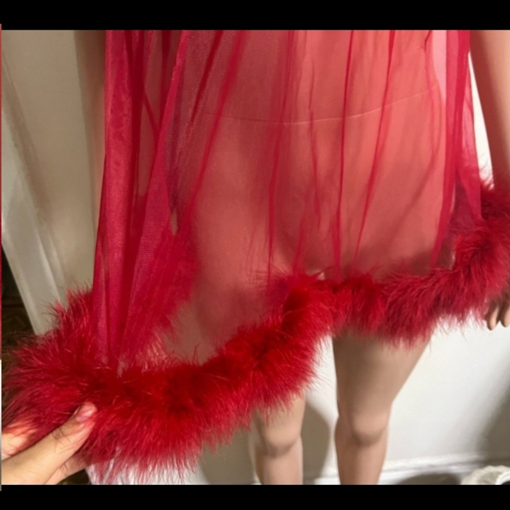 Red Sheer Feather Trim Babydoll - Picture 7 of 8
